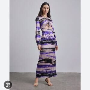 Silk Maison Maxi Dress Medium Purple‎ Black Abstract Print Long Sleeve Cutout